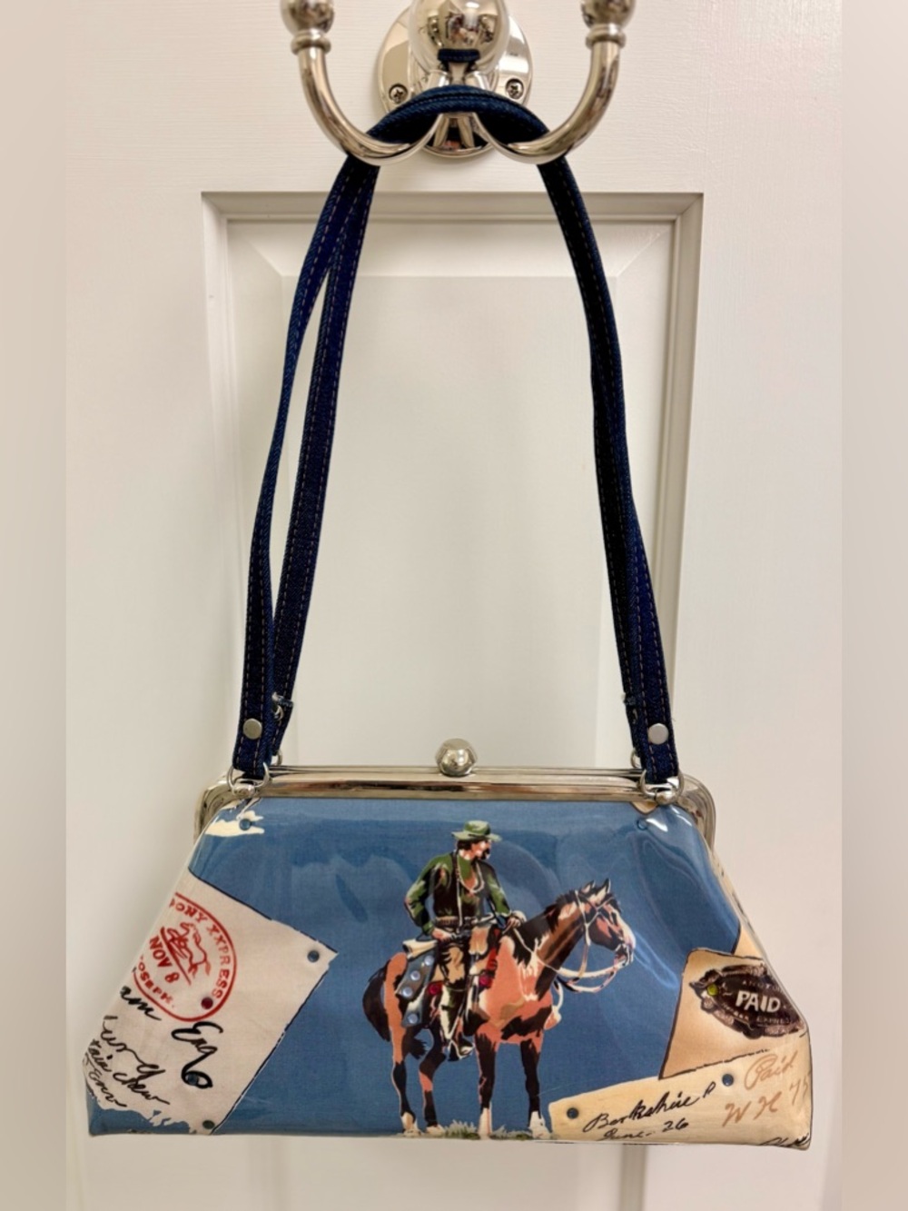 M.ANDONIA Los Angeles Vintage Western Pony Express Cowboy Frame Denim Bag USA